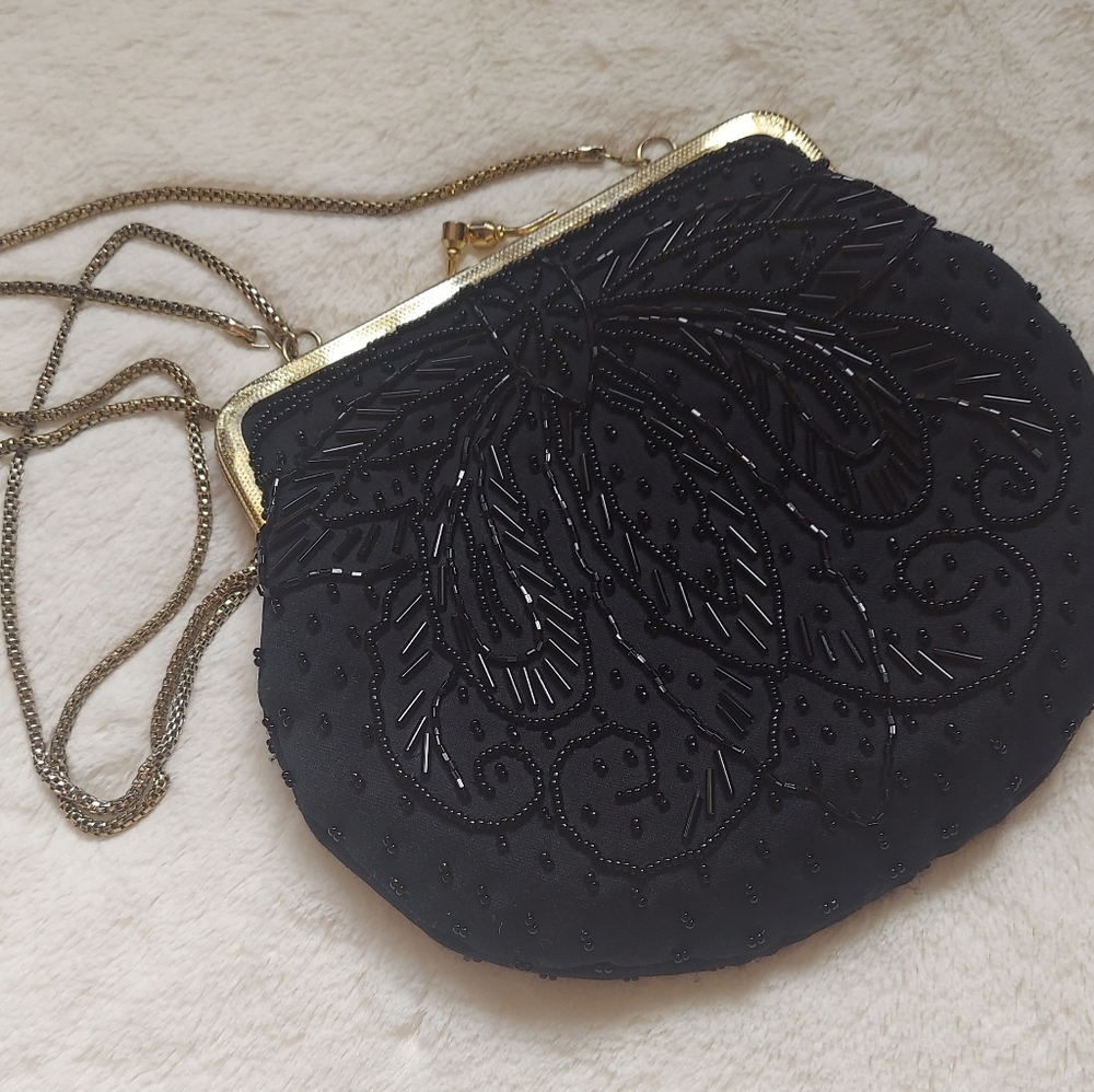 Vintage Women's Evening Black Beaded Clutch Shoulder Purse